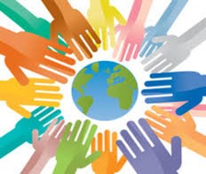 Illustration of multiple hands encircling the globe