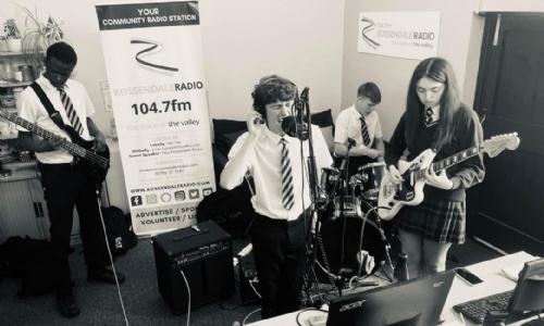 Photograph of Year 10 Band 'The Staags' playing on Rossendale Radio